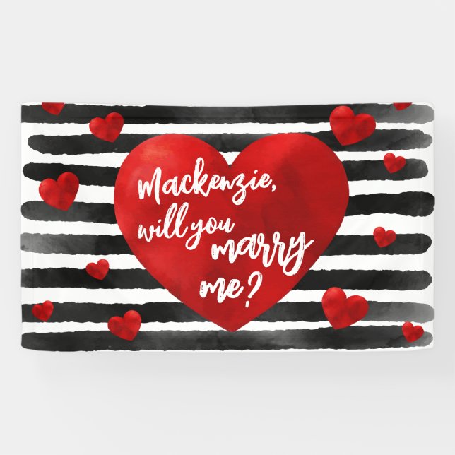 Watercolor Red & Black Hearts Marry Me Proposal Banner (Horizontal)