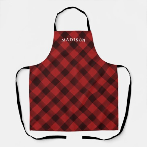 Watercolor Red  Black Plaid Pattern Personalized Apron