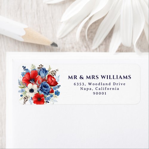 Watercolor Red Blue Floral Bouquet Patriotic  Label