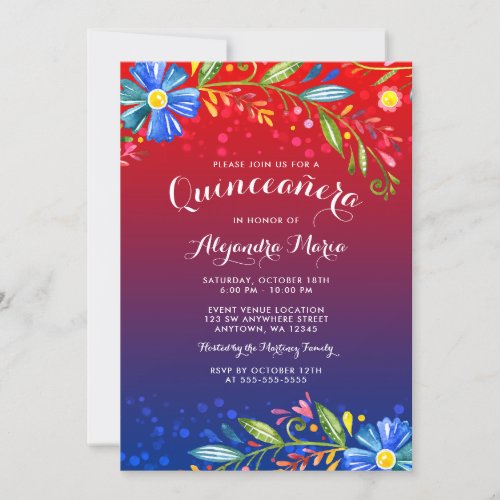 Watercolor Red Blue Floral Fiesta Quinceanera Invitation