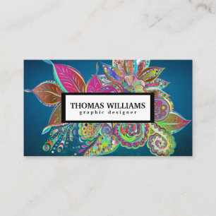 Watercolor red blue floral paisley pattern business card