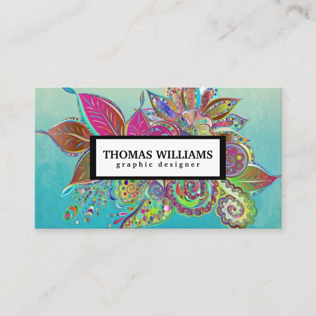 Watercolor red blue floral paisley pattern business card (Front)