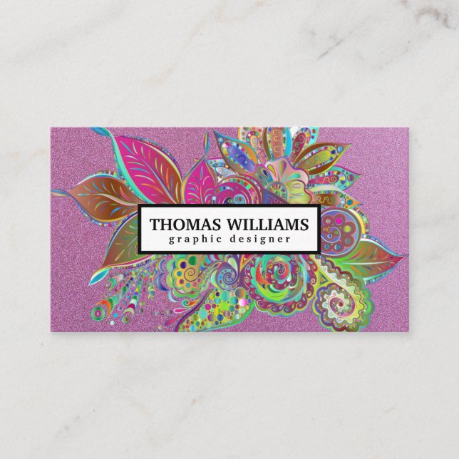 Watercolor red blue floral paisley pattern business card (Front)