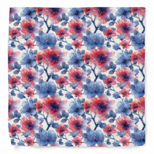 Watercolor red, blue flowers on a white bandana