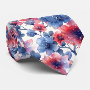 Watercolor red, blue flowers on a white  neck tie