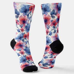 Watercolor red, blue flowers on a white socks