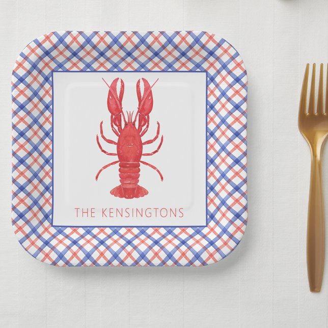 Watercolor Red & Blue Plaid Lobster Paper Plates (Creator Uploaded)