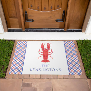 Watercolor Red & Blue Plaid Lobster Personalized Doormat