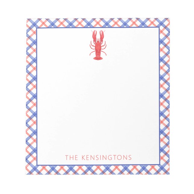 Watercolor Red & Blue Plaid Lobster Personalized Notepad (Front)