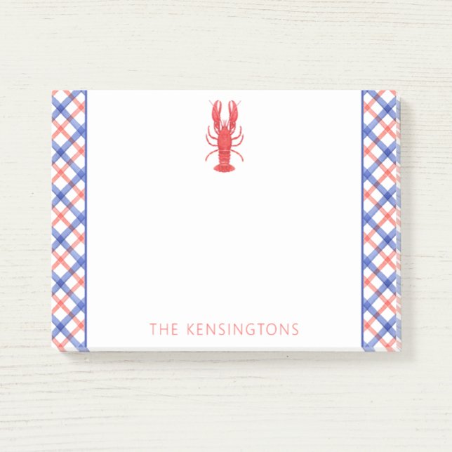 Watercolor Red & Blue Plaid Lobster Personalized Post-it Notes (Creator Uploaded)