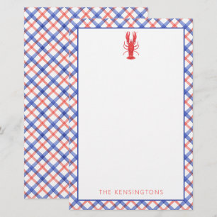 Watercolor Red & Blue Plaid Lobster Personalized Stationery