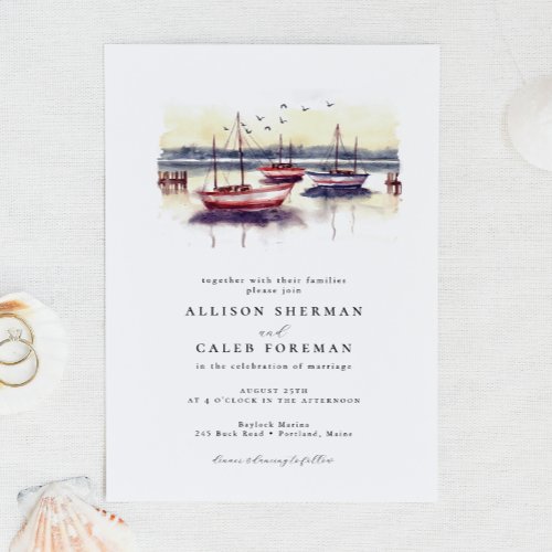 Watercolor Red Blue Sailboats Harbor Ocean Wedding Invitation
