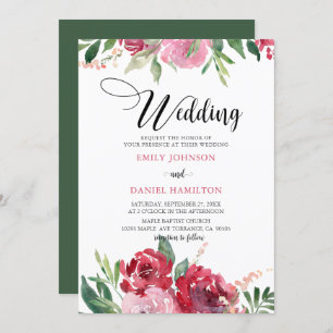 Watercolor Red Blush Pink Green Floral Wedding Invitation