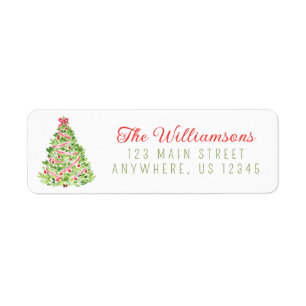 Watercolor Red Bow Christmas Tree Return Address Label