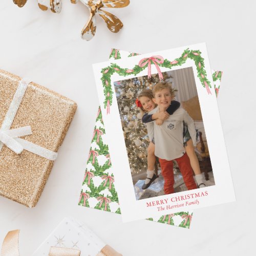 Watercolor Red Bow Garland Christmas Holiday Card