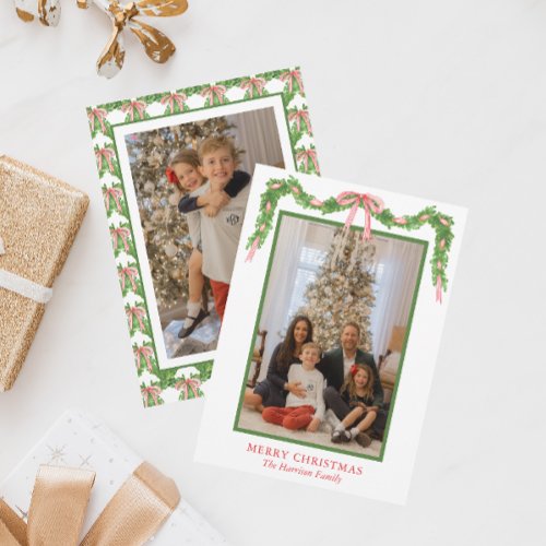 Watercolor Red Bow Garland Christmas Holiday Card