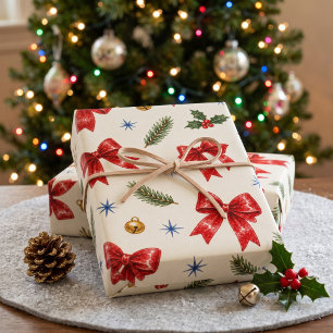 Watercolor Red Bow Golden Bells and Navy Baubles Wrapping Paper Sheets
