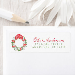Watercolor Red Bow Magnolia Christmas Wreath Label