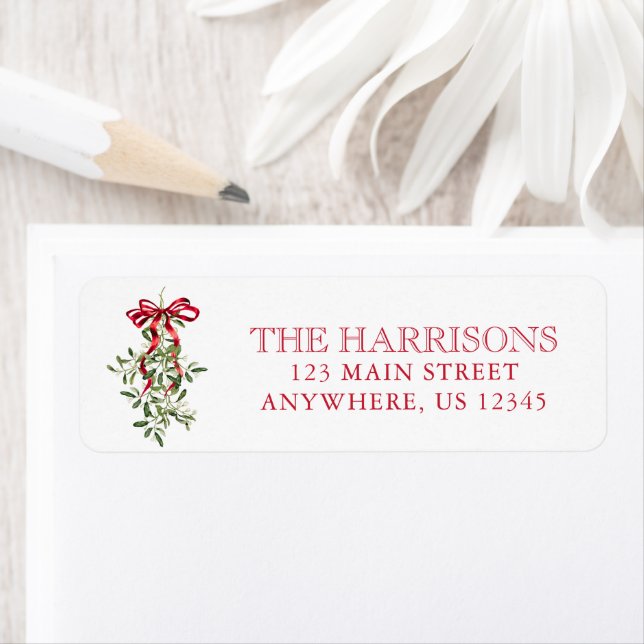 Watercolor Red Bow Mistletoe Christmas Address Label (Insitu)