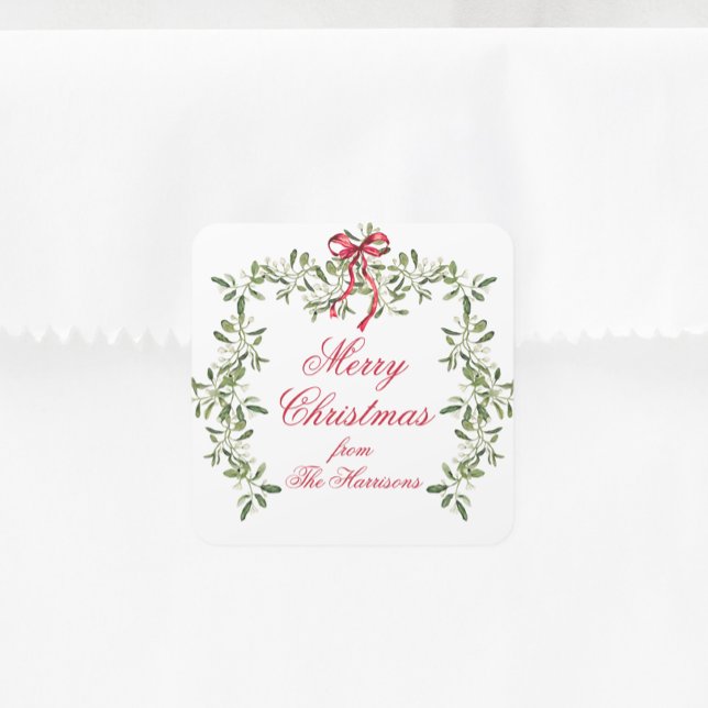 Watercolor Red Bow Mistletoe Christmas Gift Square Sticker (Creator Uploaded)