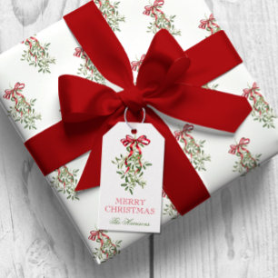 Watercolor Red Bow Mistletoe Christmas Gift Tags