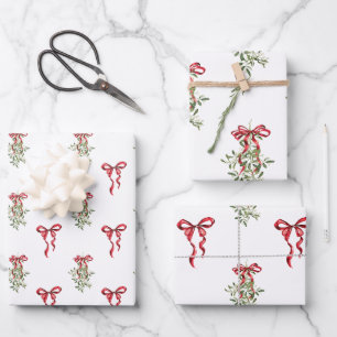 Watercolor Red Bow Mistletoe Christmas Wrapping Paper Sheets