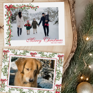 Watercolor Red Bow Mistletoe Garland Photo Holiday Card