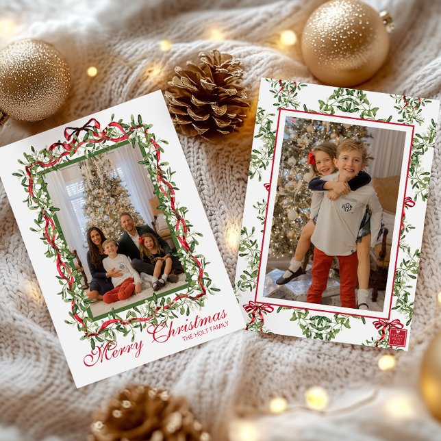Watercolor Red Bow Mistletoe Garland Photo Holiday Card (Creator Uploaded)