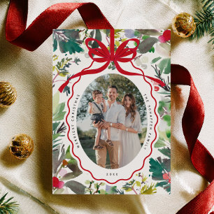 Watercolor Red Bow Ornament Christmas Photo Card