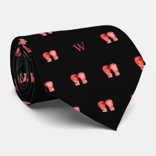 Watercolor Red Boxing Glove Monogram Initial Black Neck Tie