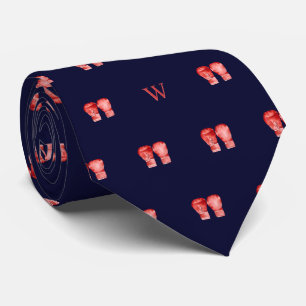 Watercolor Red Boxing Gloves Monogram Initial Blue Neck Tie