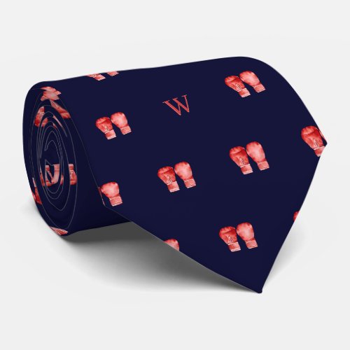 Watercolor Red Boxing Gloves Monogram Initial Blue Neck Tie