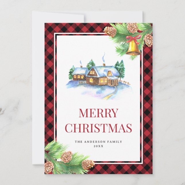 Watercolor Red Buffalo Plaid Christmas Holiday Card (Front)