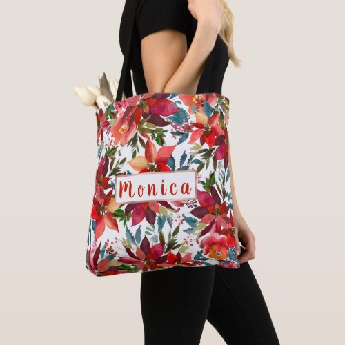 Watercolor red burgundy green Christmas floral Tote Bag