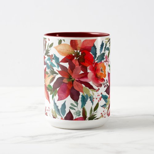 Watercolor red burgundy green Christmas floral Two_Tone Coffee Mug