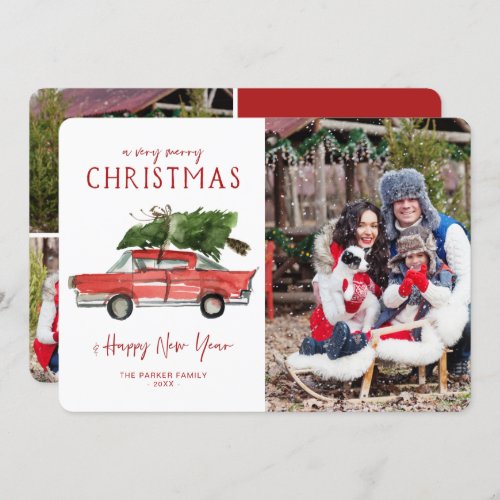 Watercolor Red Car  Christmas Holiday Photo Card