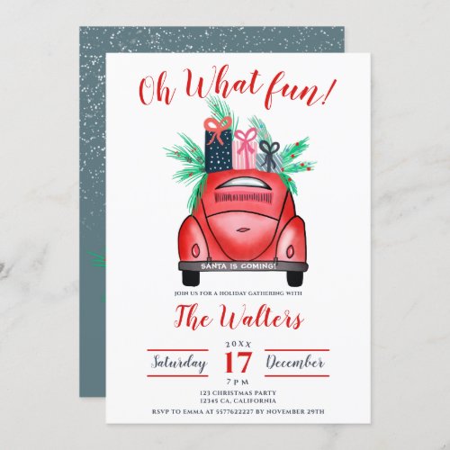 Watercolor red Car illustration Christmas party Invitation