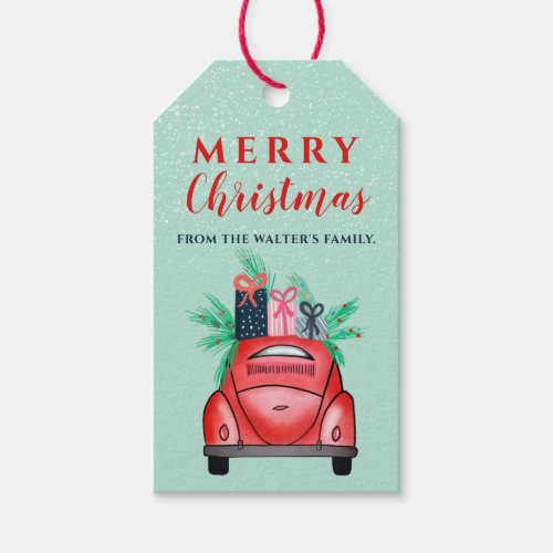Watercolor red Car illustration Merry Christmas Gift Tags