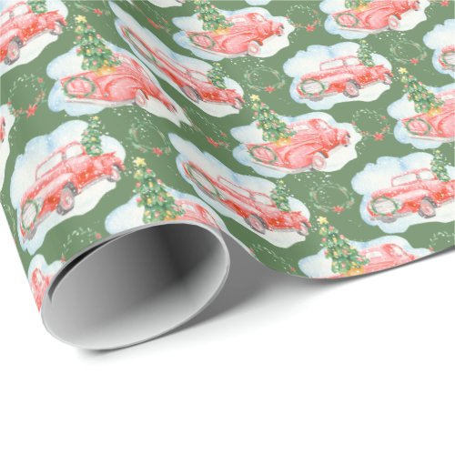 Watercolor Red Car with Christmas Tree Green Wrapping Paper