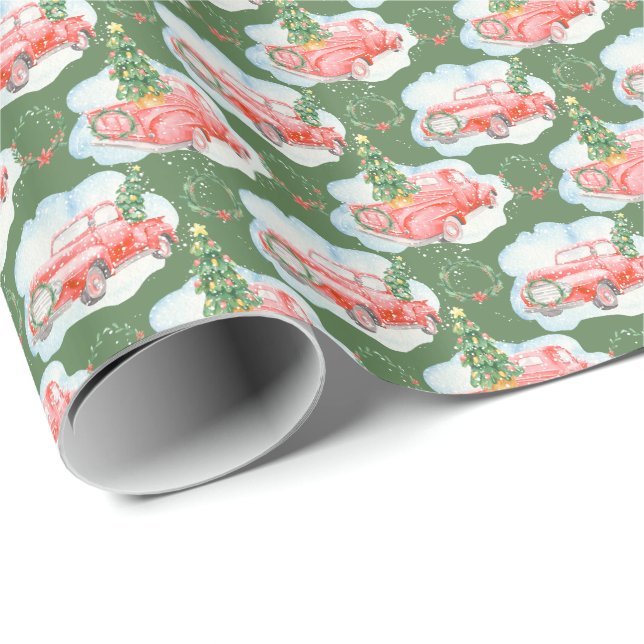 Watercolor Red Car with Christmas Tree Green Wrapping Paper (Roll Corner)