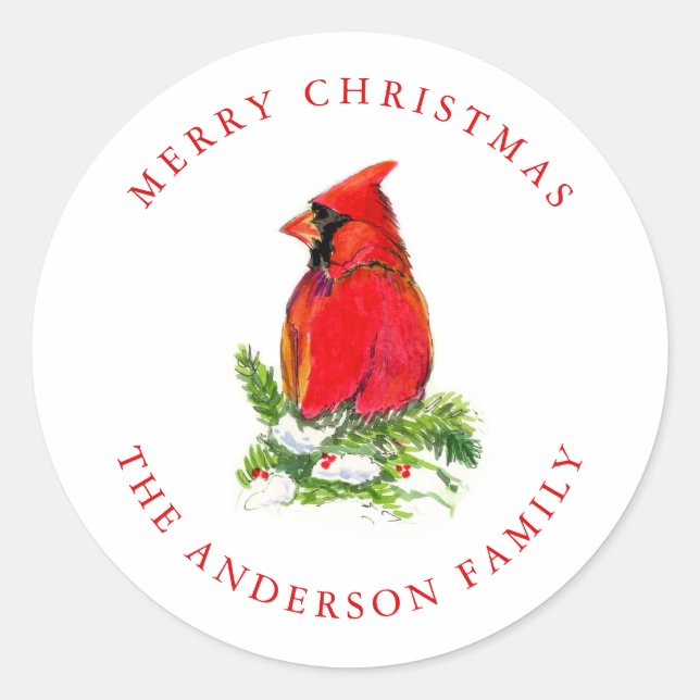 Watercolor Red Cardinal Bird Christmas  Classic Round Sticker (Front)