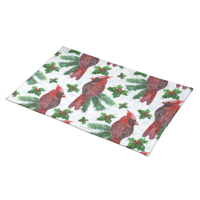 watercolor Red Cardinal Bird Cloth Placemat (On Table)
