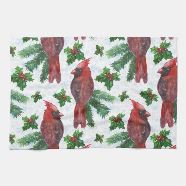 watercolor Red Cardinal Bird Kitchen Towel (Horizontal)