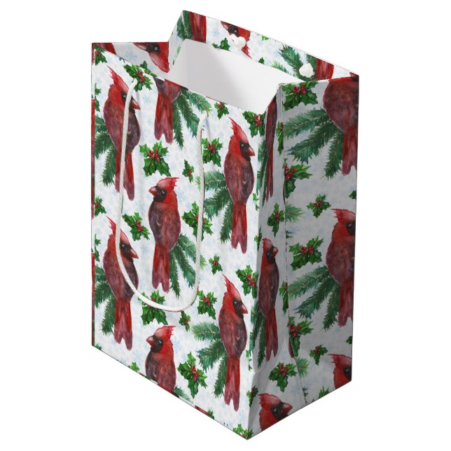 watercolor Red Cardinal Bird Medium Gift Bag (Front Angled)