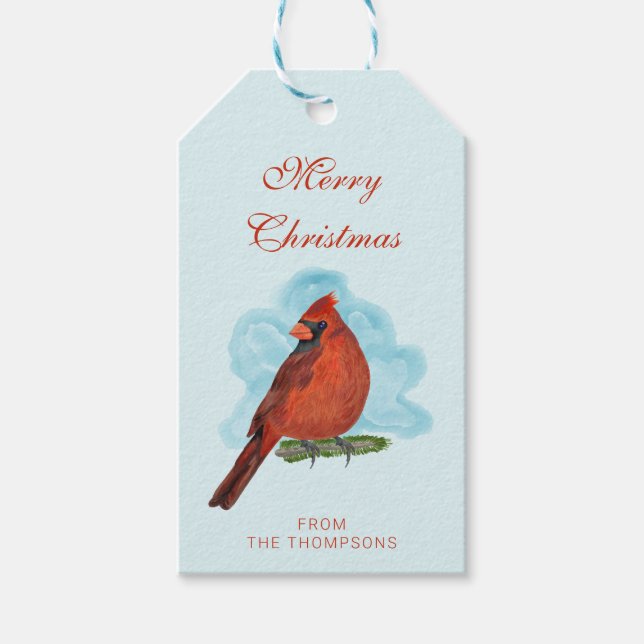 Watercolor Red Cardinal Bird Merry Christmas Blue Gift Tags (Front)