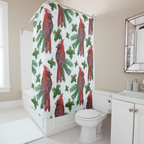 watercolor Red Cardinal Bird Shower Curtain