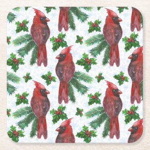 watercolor Red Cardinal Bird Square Paper Coaster