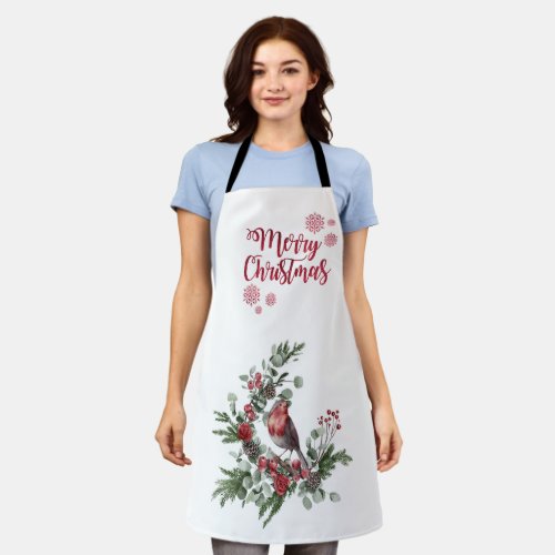 Watercolor Red Cardinal Bird Wreath Apron