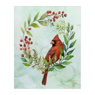 Watercolor Red Cardinal Bird Wreath Christmas Acrylic Print