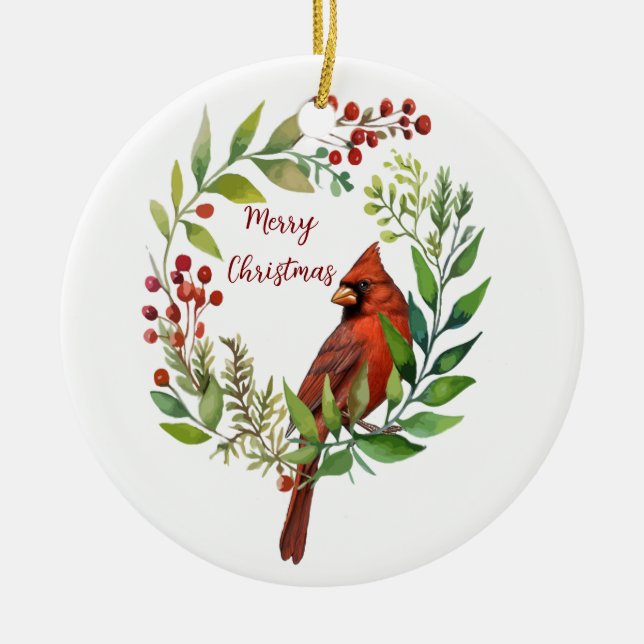 Watercolor Red Cardinal Bird Wreath Christmas Ceramic Ornament (Front)